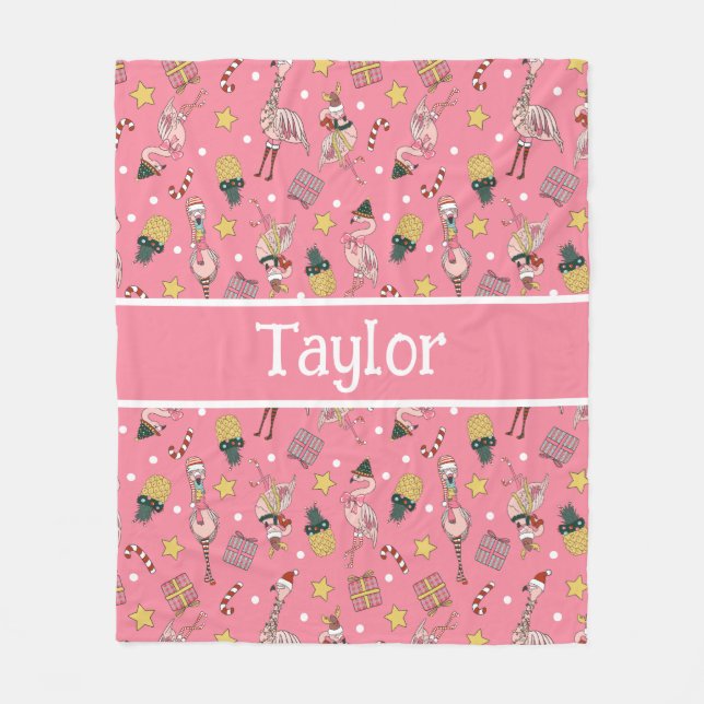 Cute Pink Christmas Flamingo and Pineapple Pattern Fleece Blanket (Front)