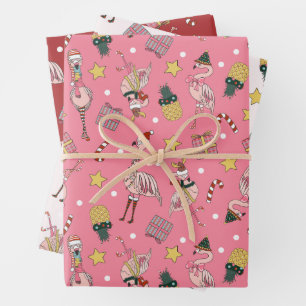 Cute Pink Christmas Flamingo and Pineapple Pattern Wrapping Paper Sheet