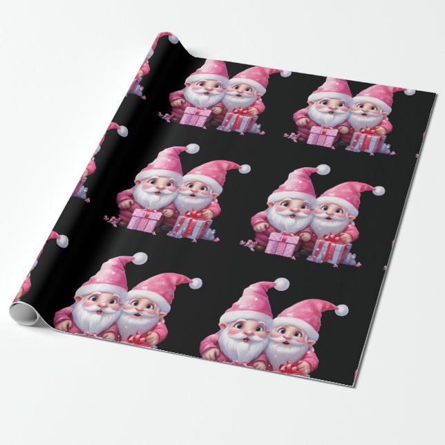Cute Pink Christmas Gnome Wrapping Paper (Unrolled)