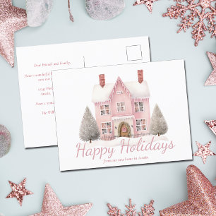 Cute Pink Christmas House New Home Address Holiday Postcard