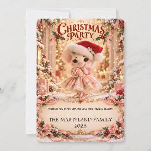 Cute Pink Christmas Mouse Family Party Invitation