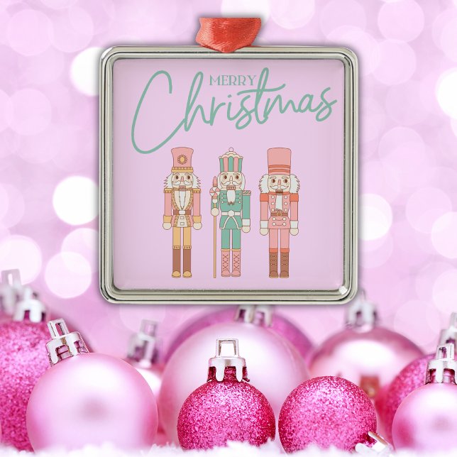 Cute Pink Christmas Nutcrackers on Pink | Metal Ornament (Creator Uploaded)