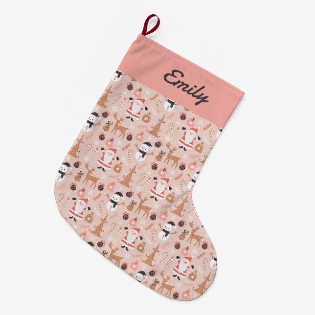Cute Pink Christmas Pattern with Santa Large Christmas Stocking (Front (Hanging))