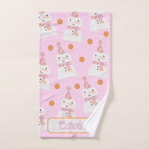 Cute Pink Christmas Polka Dot Snowman Custom Hand Towel