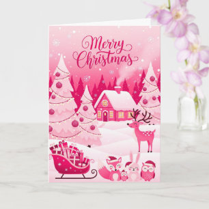 Cute Pink Christmas Reindeer & Christmas Trees Card