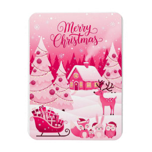 Cute Pink Christmas Reindeer & Christmas Trees Magnet