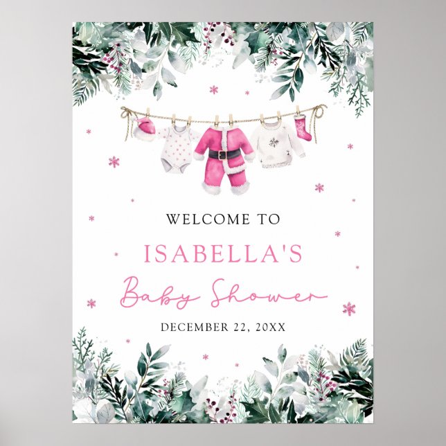 Cute Pink Christmas Santa Baby Shower Welcome Sign (Front)