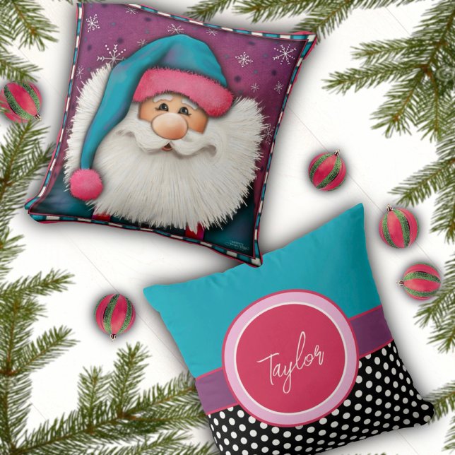 Cute Pink Christmas Santa Personalised Name  Cushion (Creator Uploaded)