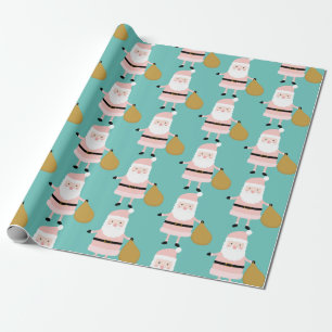 Cute Pink Christmas Santa Whimsical Pattern Teal Wrapping Paper