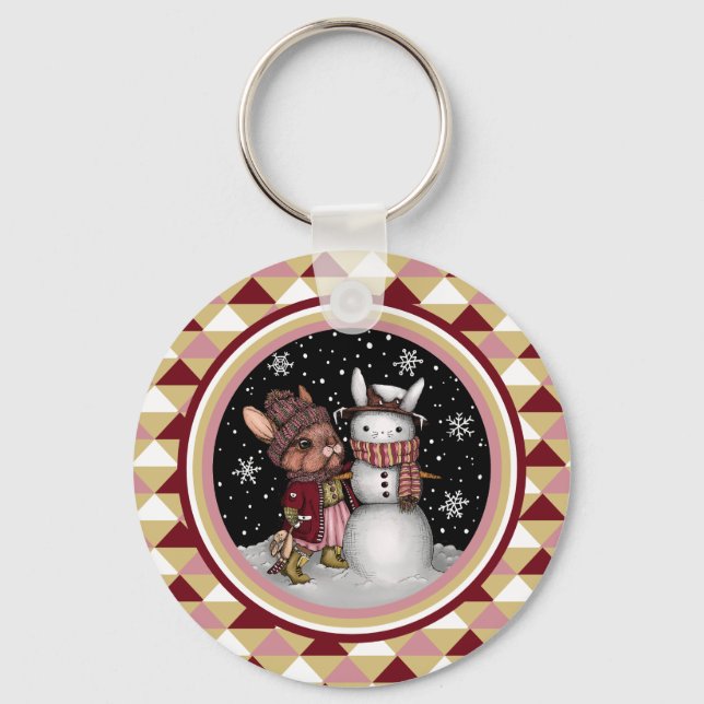 Cute Pink Christmas Snow Bunny Rabbit Illustration Key Ring (Front)