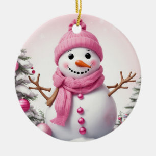 Cute Pink Christmas Snowman Ceramic Ornament