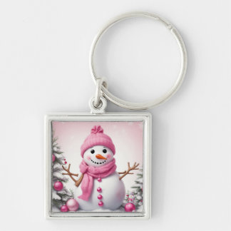 Cute Pink Christmas Snowman Key Ring