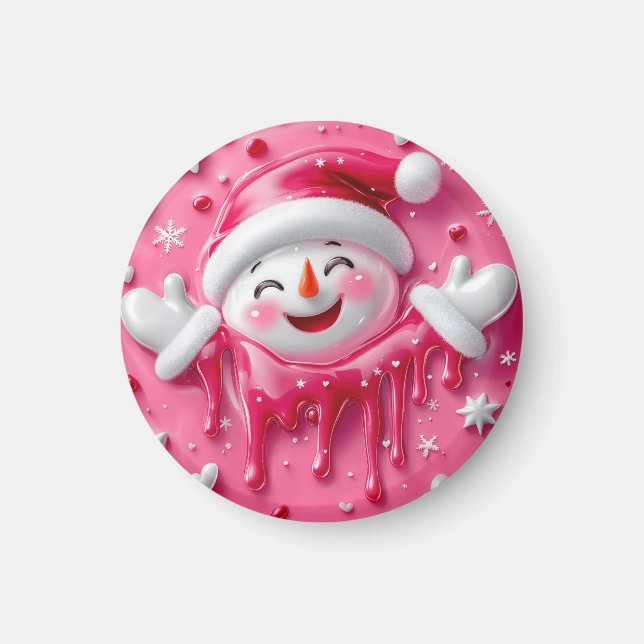Cute Pink Christmas Snowman Magnet (Front)