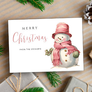 Cute Pink Christmas Snowman Modern Holiday Card