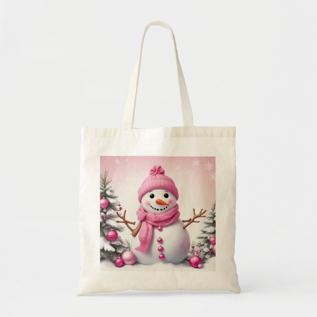 Cute Pink Christmas Snowman Tote Bag (Front)