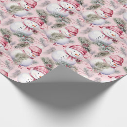 Cute Pink Christmas Snowmen & Greenery Wrapping Paper