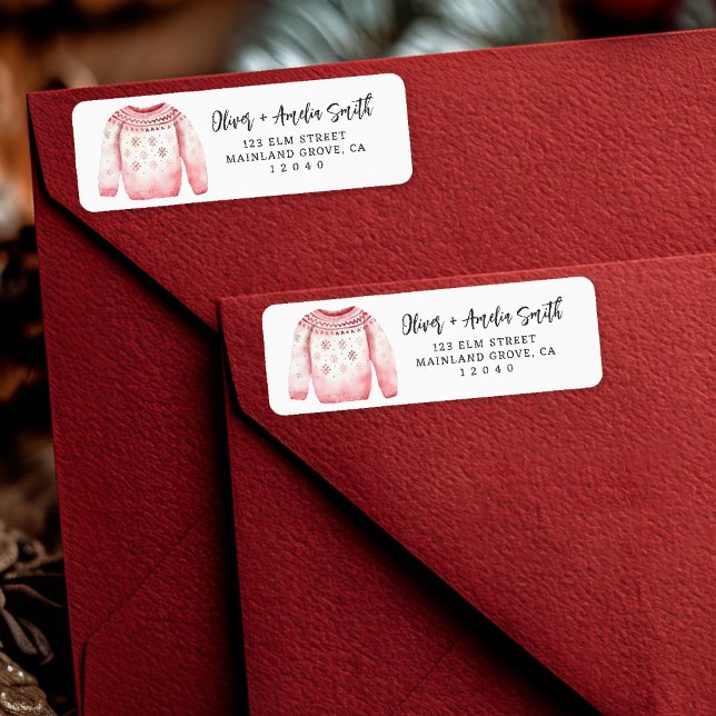 Cute Pink Christmas Sweater Return Address Label (Pretty in pink 🎀 Add festive charm with this cozy Christmas sweater label.)