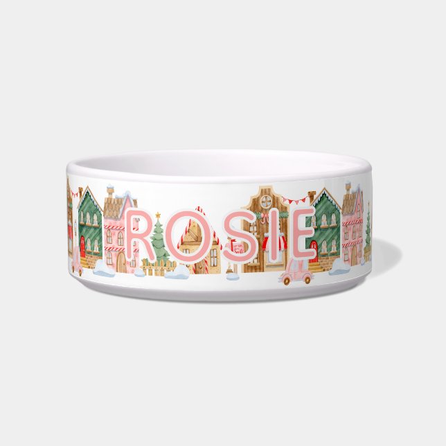 Cute Pink Christmas Town Dog Bowl (Front)
