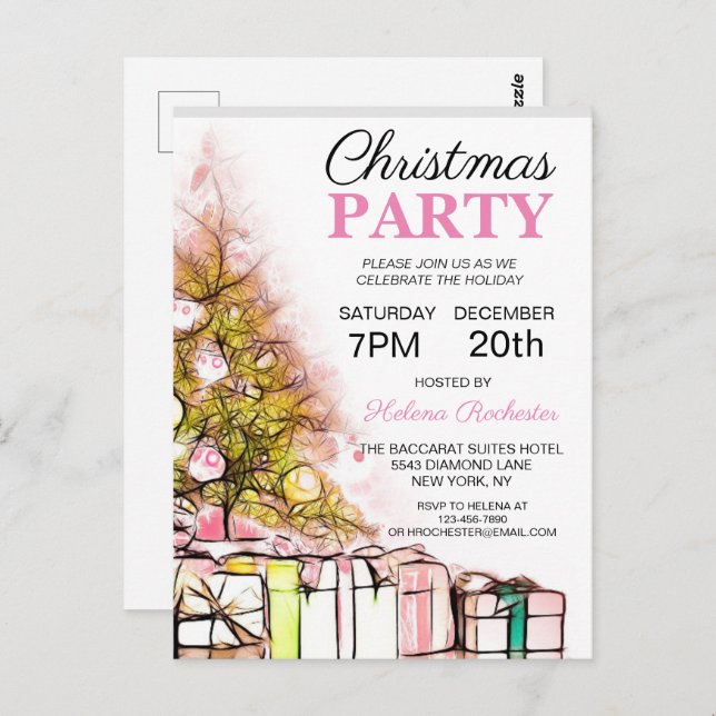 Cute Pink Christmas Tree Holiday Invitation Postcard (Front/Back)
