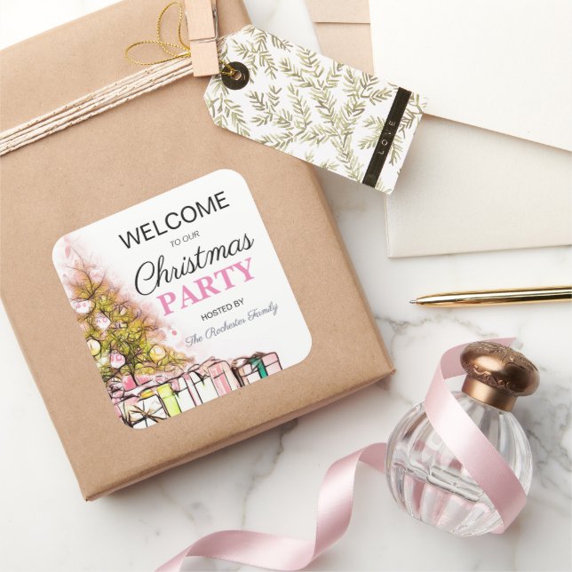 Cute Pink Christmas Tree Holiday Party Welcome Square Sticker (Gifting)