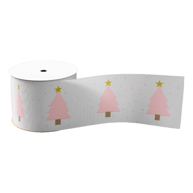 Cute Pink Christmas Tree Line, Golden Stars Grey Grosgrain Ribbon (Spool)