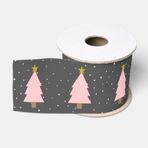 Cute Pink Christmas Tree Line, Golden Stars Grey Grosgrain Ribbon
