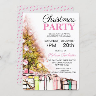 Cute Pink Christmas Tree & Presents Holiday Invitation