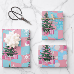 Cute Pink Christmas Tree Wrapping Paper Sheet