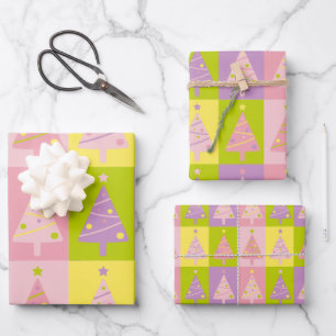 Cute Pink Christmas Trees Wrapping Paper Sheet