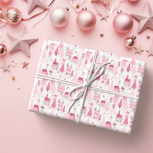 Cute Pink Christmas Village Snowy Day  Wrapping Paper