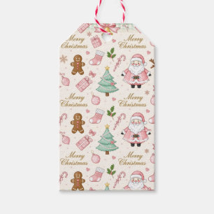 Cute Pink Christmas Watercolor Santa Claus Bows Gift Tags