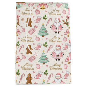 Cute Pink Christmas Watercolor Santa Claus Bows Medium Gift Bag