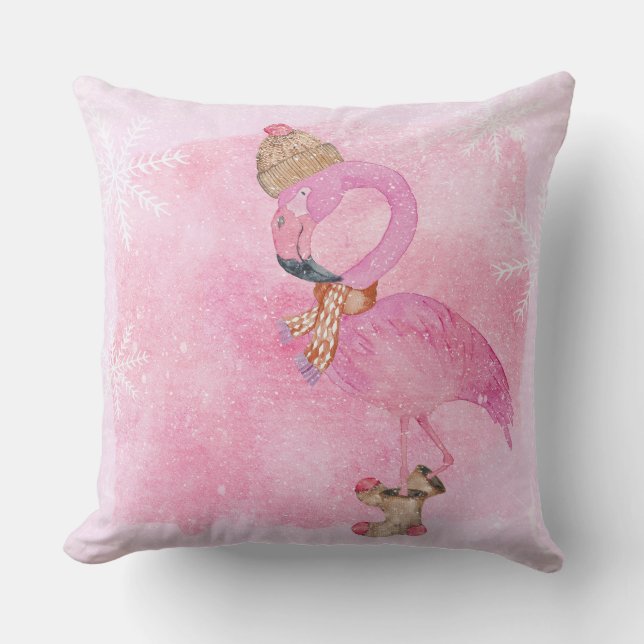 Cute Pink Christmas Winter Flamingo Bird Cushion (Front)