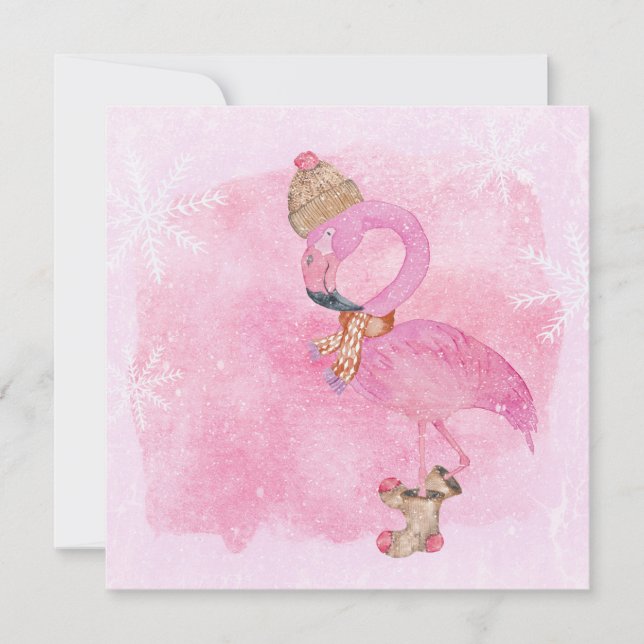 Cute Pink Christmas Winter Flamingo Bird Holiday Card (Front)