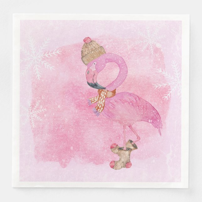 Cute Pink Christmas Winter Flamingo Bird Napkin (Front)