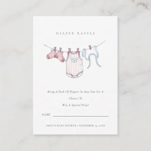 Clothes Line Raffle Cute Pink Clothesline Diaper Raffle Baby Shower Enclosure Card | Zazzle