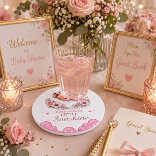 Cute Pink Clouds Little Sunshine Baby Girl Shower Round Paper Coaster