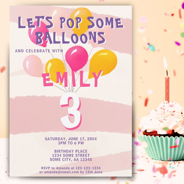 Cute Pink Colourful Balloons Girl`s Birthday Party Invitation (Creator Uploaded)