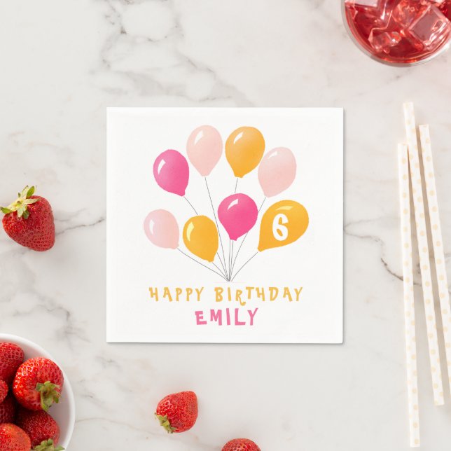 Cute Pink Colourful Balloons Girl`s Birthday Party Napkin (Insitu)
