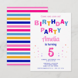 Cute Pink Colourful Star Typography Girl Birthday Invitation
