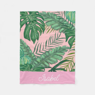 Cute Pink Colourful Tropical Palm Leaves Name Baby Fleece Blanket