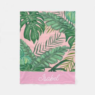 Cute Pink Colourful Tropical Palm Leaves Name Baby Fleece Blanket
