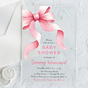 Cute Pink Coquette Bow Baby Shower Acrylic Invitations