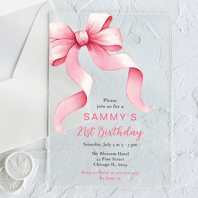 Cute Pink Coquette Bow Birthday Party Acrylic Invitations (Creator Uploaded)