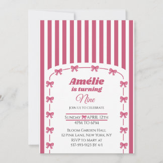 Cute Pink Coquette Bow Girl 9th Birthday  Invitation