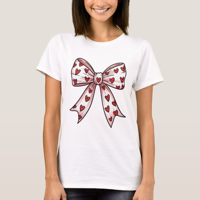 Cute Pink Coquette Bow with Red Hearts Valentine T-Shirt (Front)