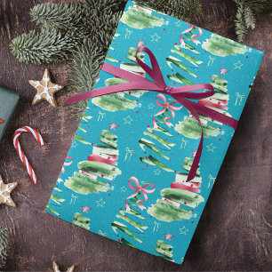 Cute pink Coquette bows Christmas trees aqua Wrapping Paper