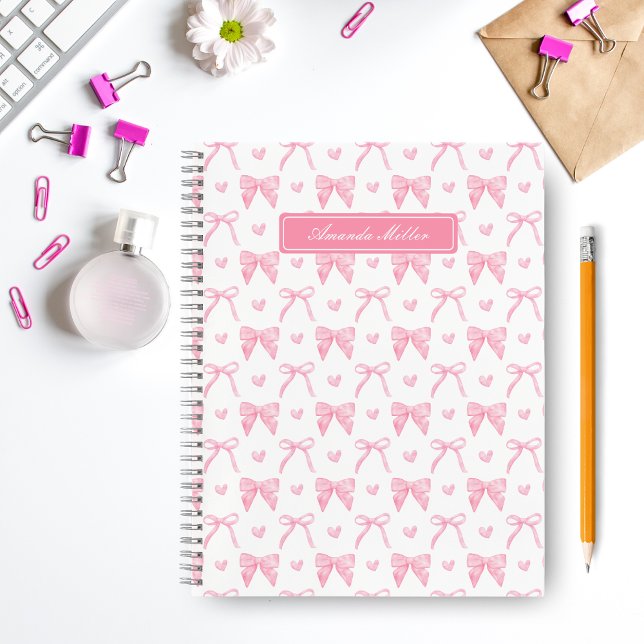 Cute Pink Coquette Bows Hearts Personalised Name Notebook (Creator Uploaded)