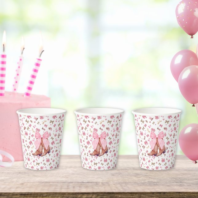 Cute Pink Coquette Cowgirl Boots and Bow Party Paper Cups (Creator Uploaded)