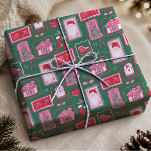 Cute Pink Coquette Frames Green Christmas Pattern Wrapping Paper